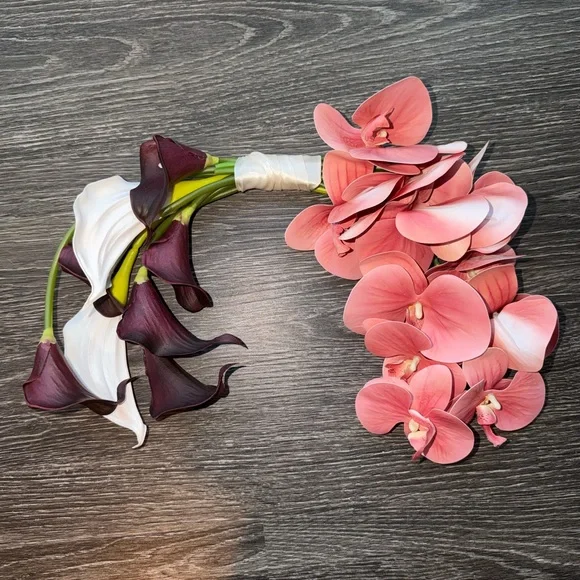 Curved Bridal Bouquet Pink Orchid and Purple Calla Lilies - Picture 3 of 10